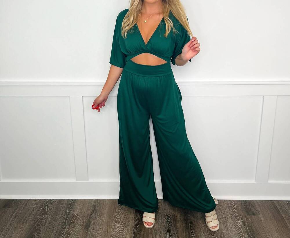 NEW ELDRIDGE play my jam short sleeve waist cutout jumpsuit in green